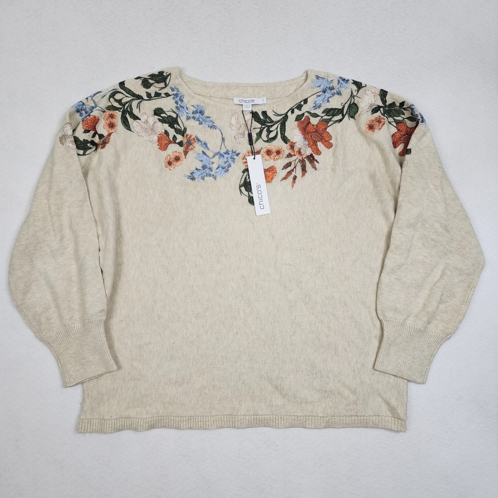 Chico's Sweater Womens 2 L Light Natural Heather Embroidery Floral Dolman Sleeve